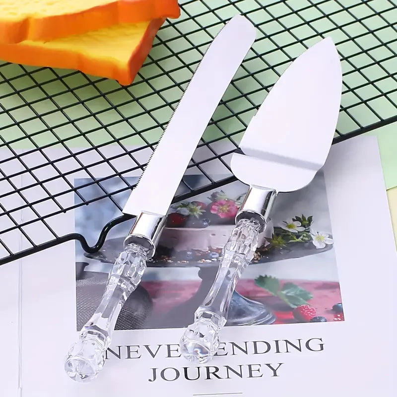 2Pcs Stainless Steel Cake Shovel Cutter Knife Set Wedding Cake Spatula Baking Kitchen Tool, Silver
