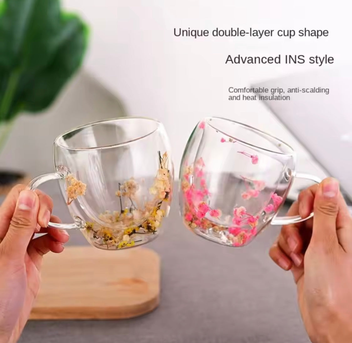 Dry Flowers Double Wall Glass Mug With Handle 350ml