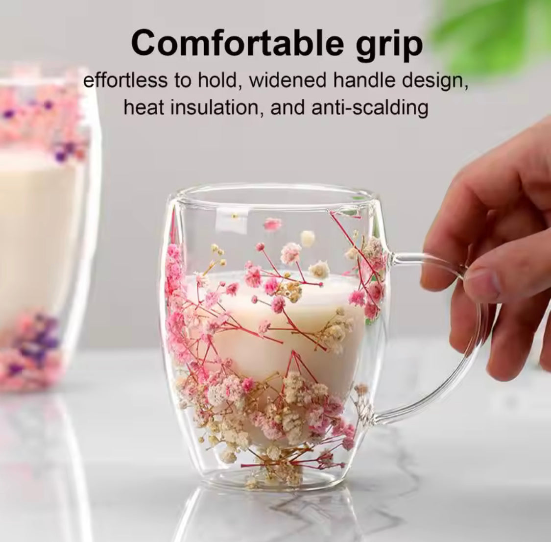 Dry Flowers Double Wall Glass Mug With Handle 350ml
