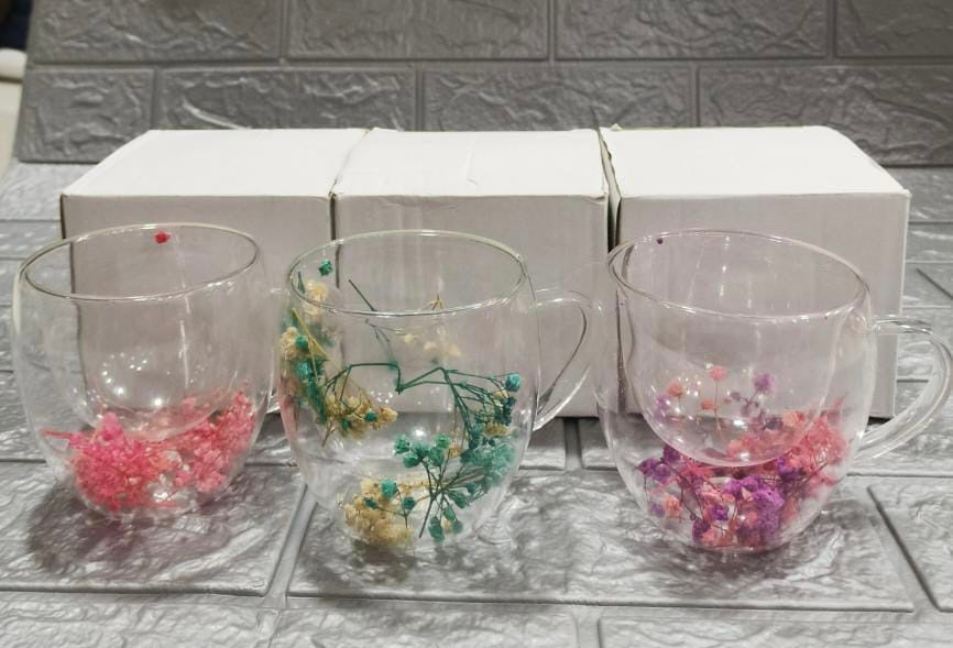 Dry Flowers Double Wall Glass Mug With Handle 350ml