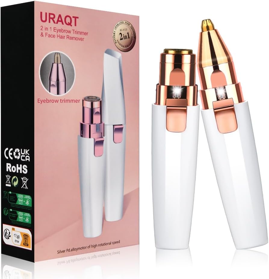 URAQT Facial Hair Remover for Women - 2 in 1 Eyebrow Trimmer & Face Hair Remover - Rechargeable & Waterproof - Painless Lady Shaver