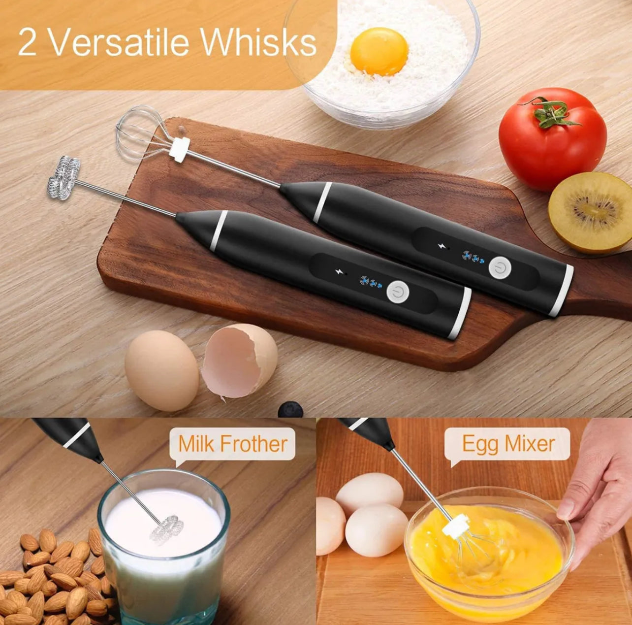 Electric Whisk and Frother Set - USB Rechargeable Handheld Coffee Frother with 2 Stainless Steel Whisks