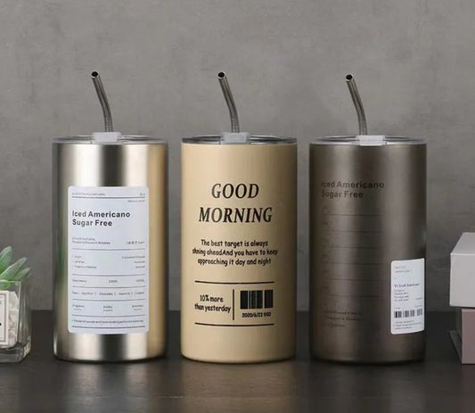 600ml Original Coffee Cup Stainless Steel Thermos Cup Coffee Vacuum Flask Mug Leak Proof Portable Thermal Cups with Straw | Taza Cafe / Iced Americano Sugar Free